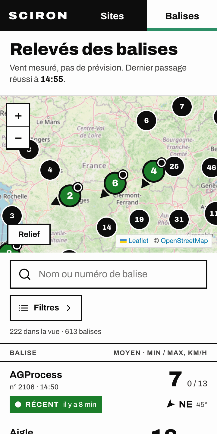 La liste des balises météo et leurs derniers relevés